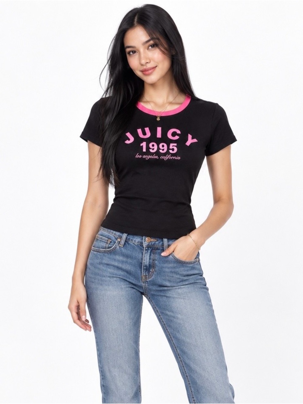 Juicy Couture Black Tee with Pink Logo and Trim